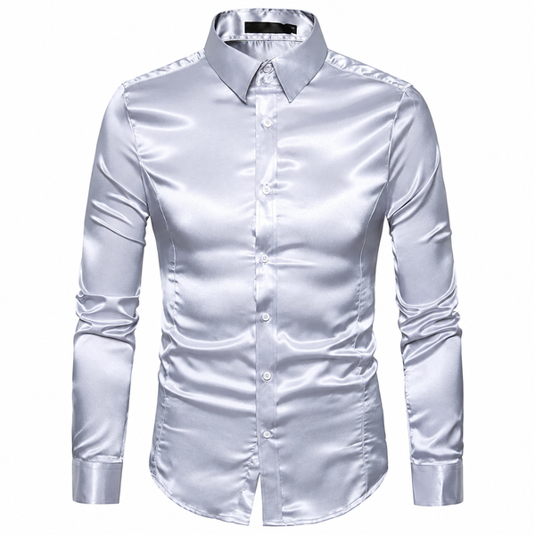 Front-facing white satin long-sleeve shirt with pointed collar and button placket