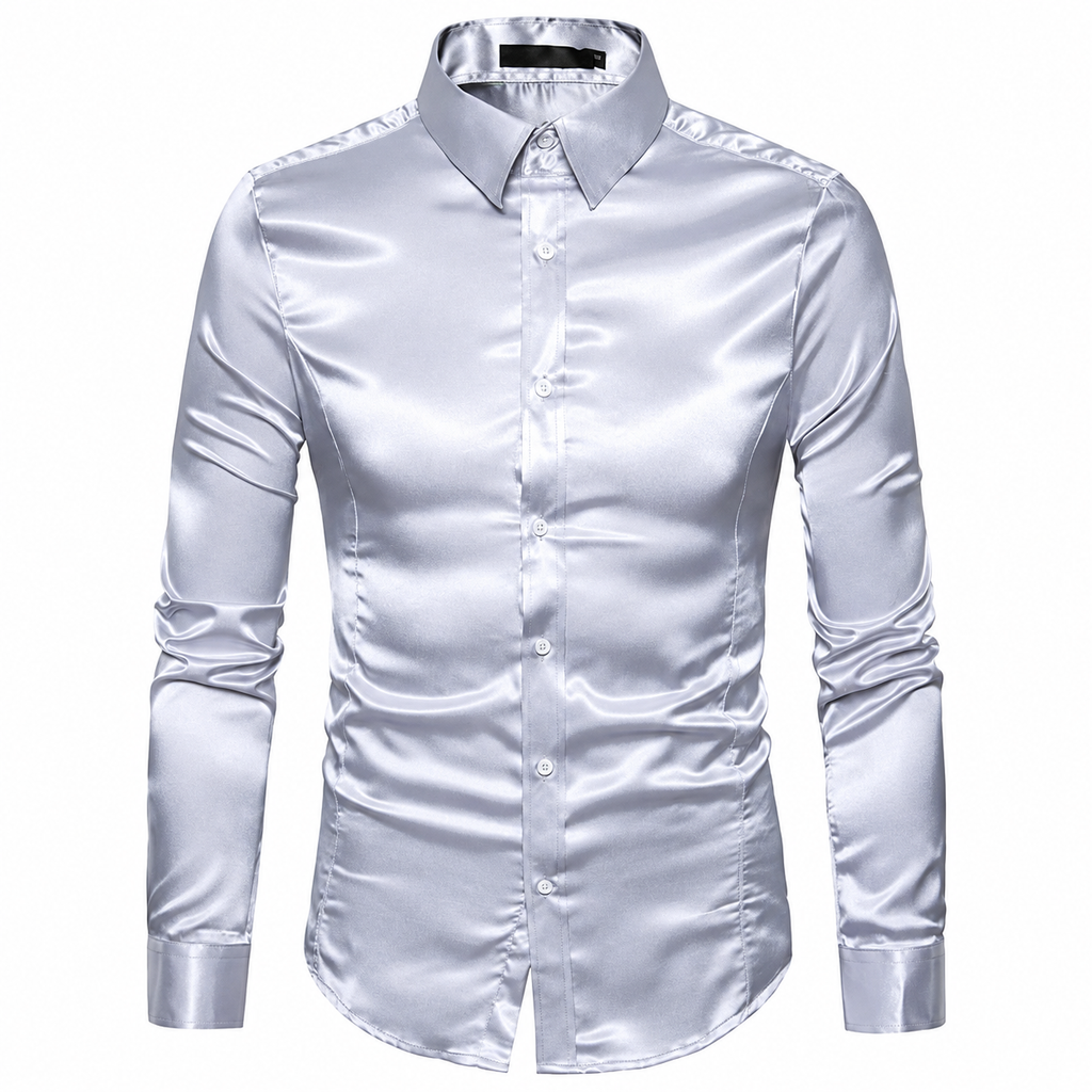 Front-facing white satin long-sleeve shirt with pointed collar and button placket