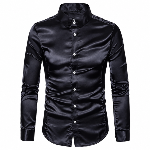 Front view of a black satin long-sleeve shirt with a button-down collar