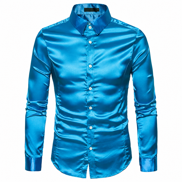 Front-facing bright blue satin long-sleeve shirt with a pointed collar and button placket