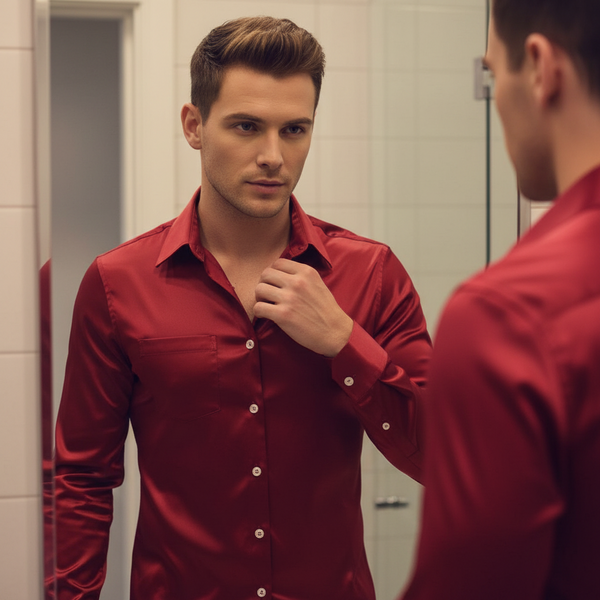 Person adjusts the collar of a deep red satin button-up shirt in a mirror