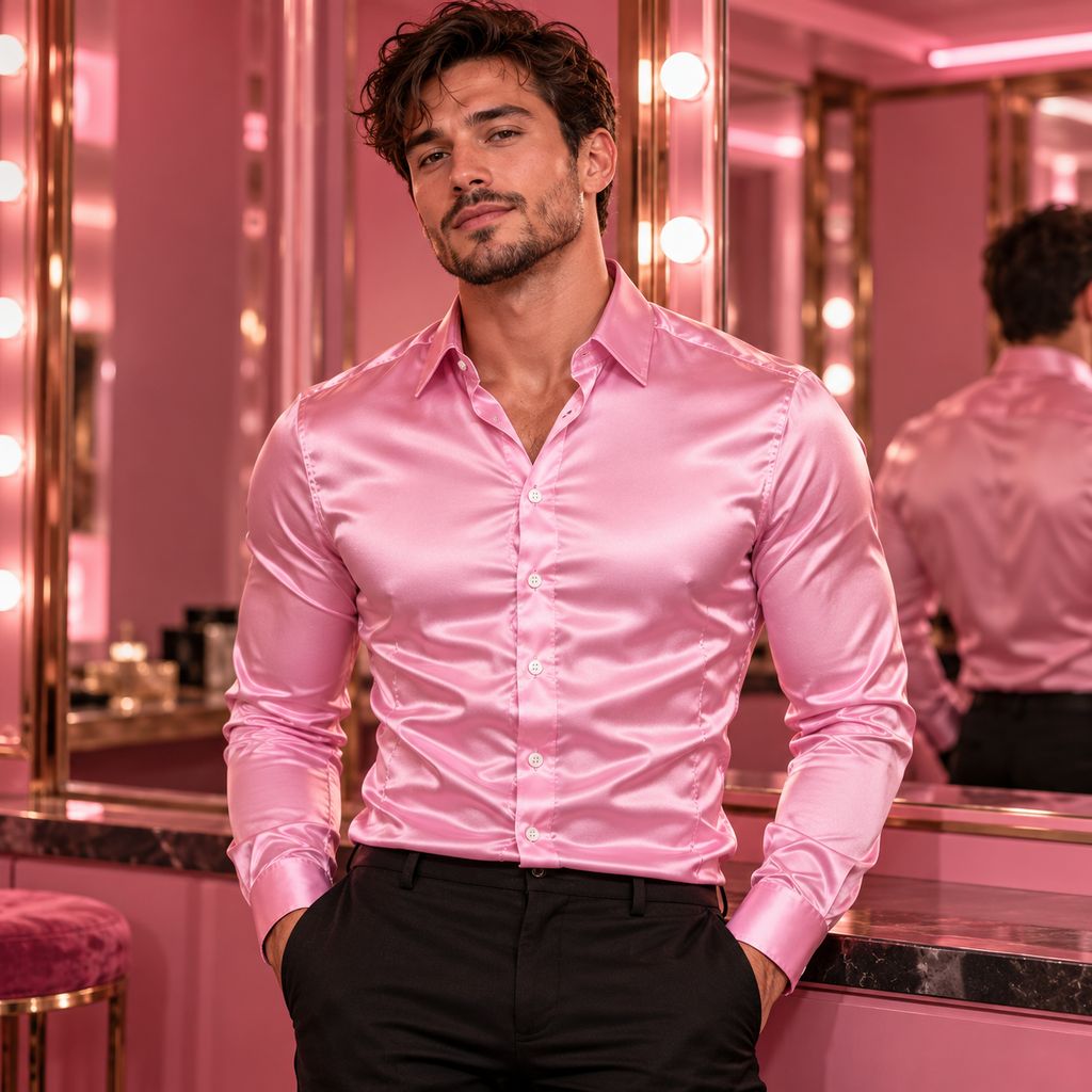Satin Semi-Formal Shirt — Pink worn by a model.