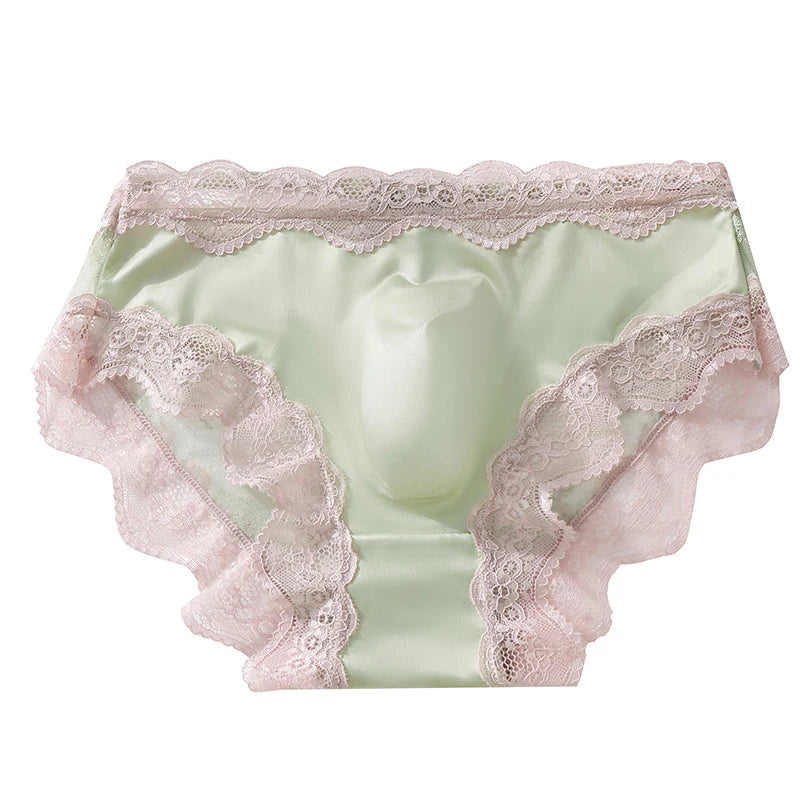 Front view of pale green satin briefs with scalloped pink lace trim