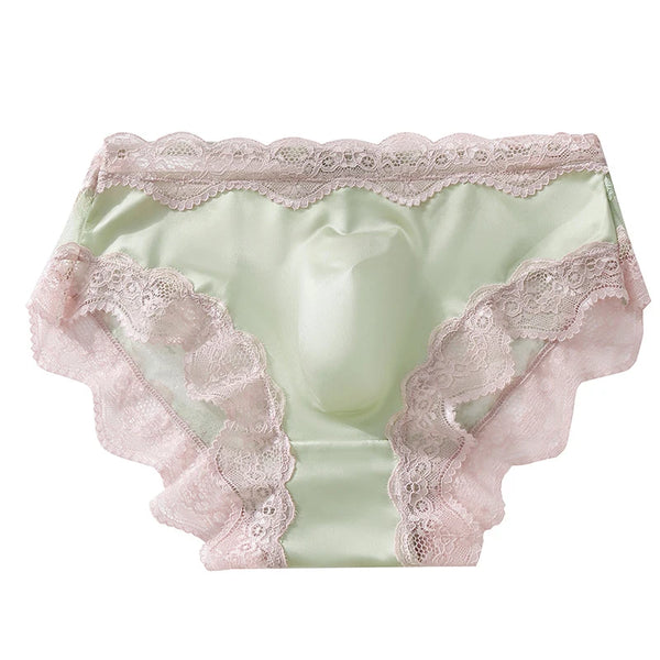 Front view of pale green satin briefs with scalloped pink lace trim