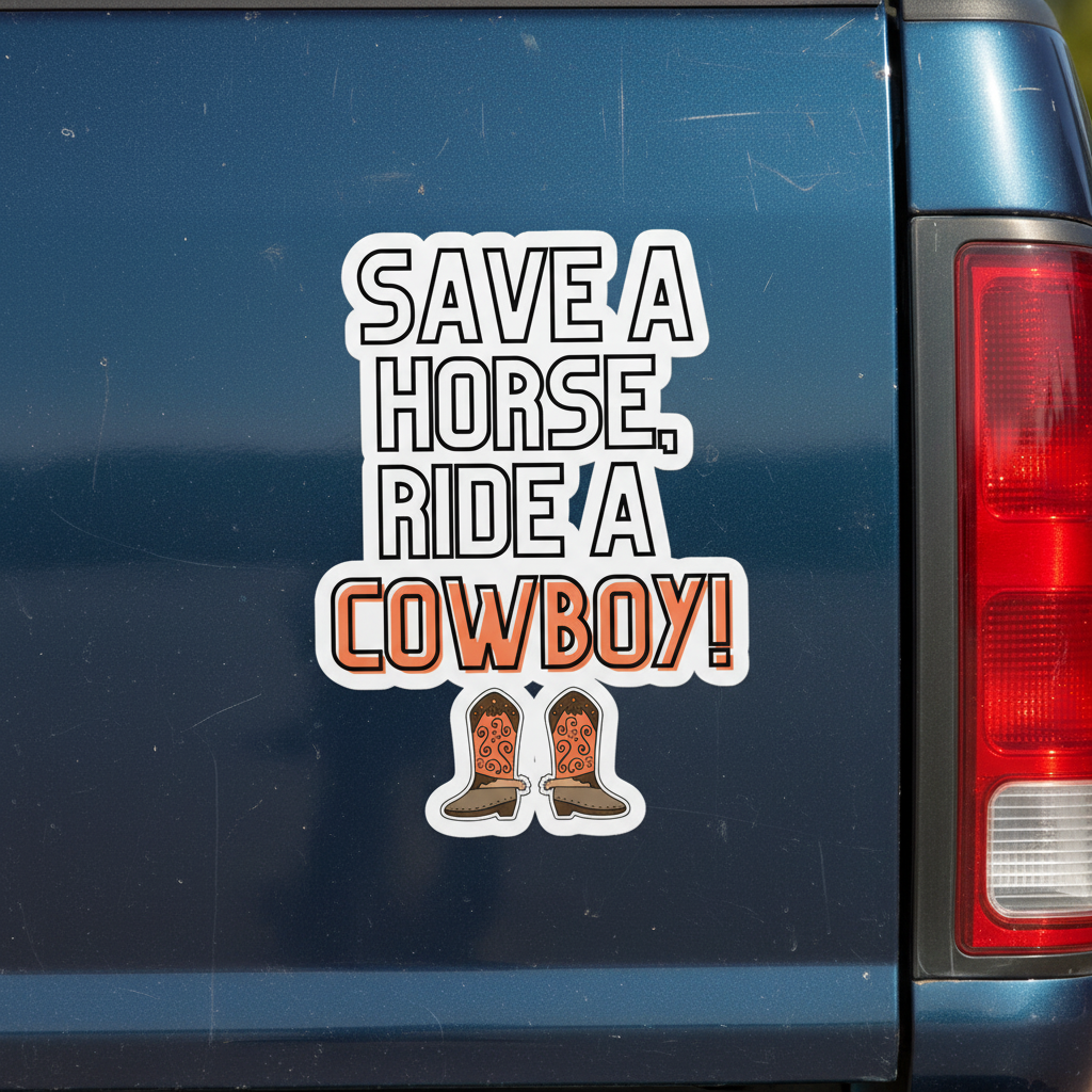 Bubble-free "SAVE A HORSE, RIDE A COWBOY!" sticker on a blue car