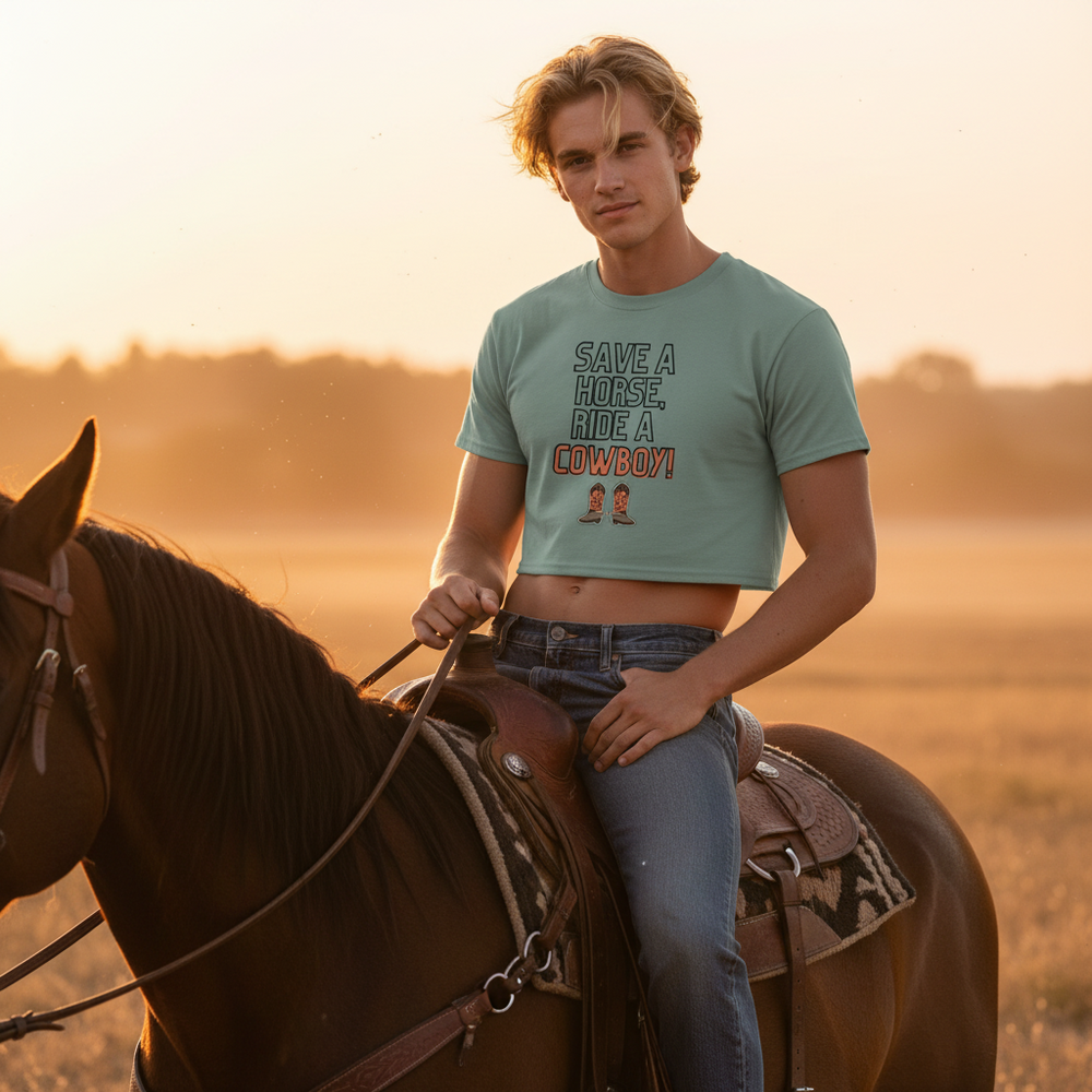 Person on horseback at sunset wearing a cropped shirt reading “SAVE A HORSE RIDE A COWBOY!”