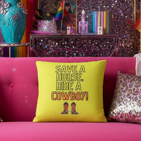 Bold yellow "SAVE A HORSE. RIDE A COWBOY!" pillow with cowboy boots on a pink couch, rainbow flags, sequins, and queer decor.