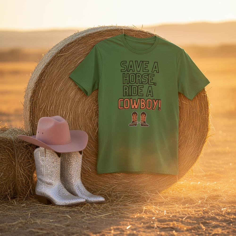 Green T-shirt reading “SAVE A HORSE, RIDE A COWBOY!” beside a hay bale and boots