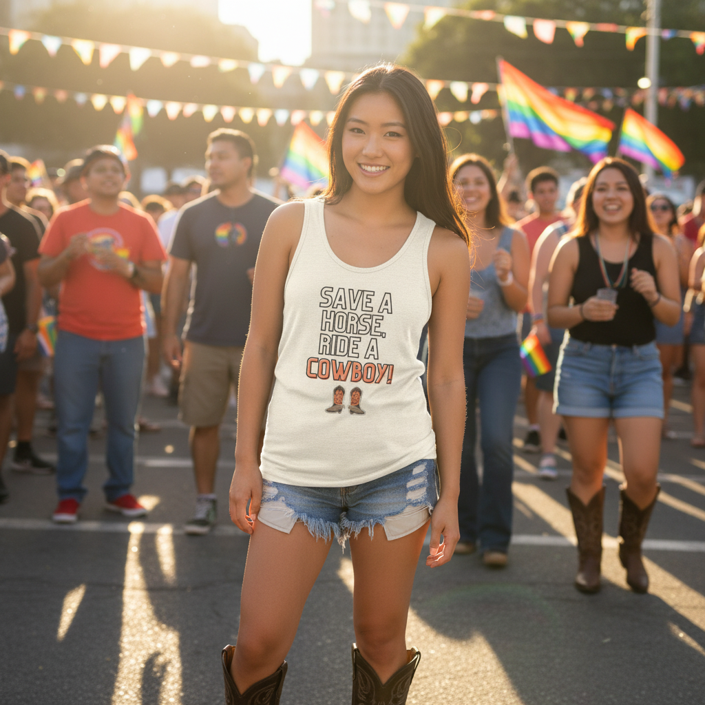 Save A Horse Ride A Cowboy unisex tank top paired with denim cutoffs and cowboy boots; femme at Pride amid rainbow flags
