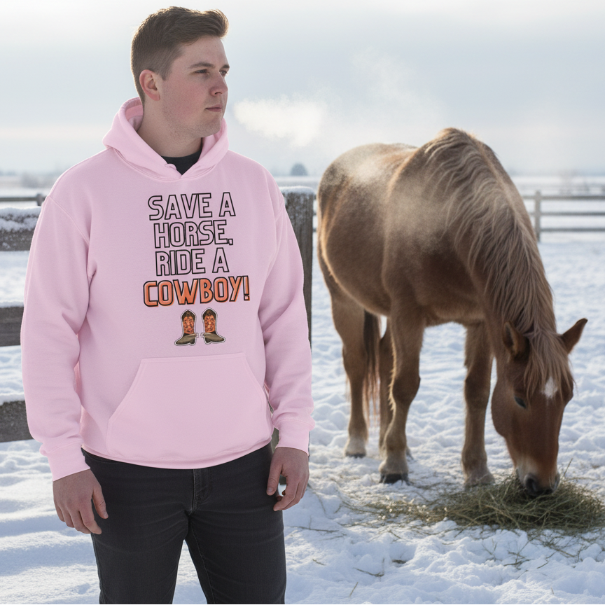 Person wearing a pink “Save a Horse, Ride a Cowboy!” hoodie beside a horse in snowy paddock