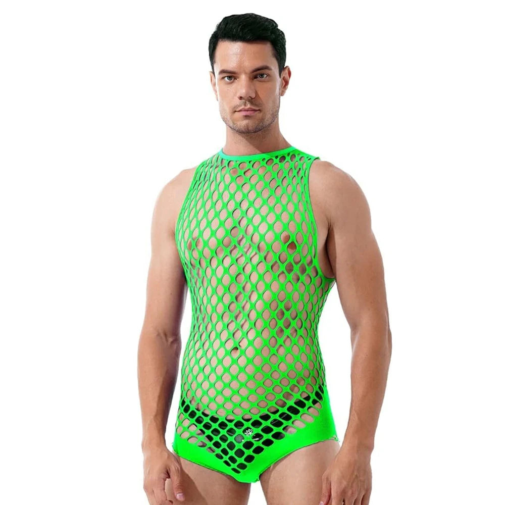Model wearing a neon green fishnet bodysuit with a high-cut leg