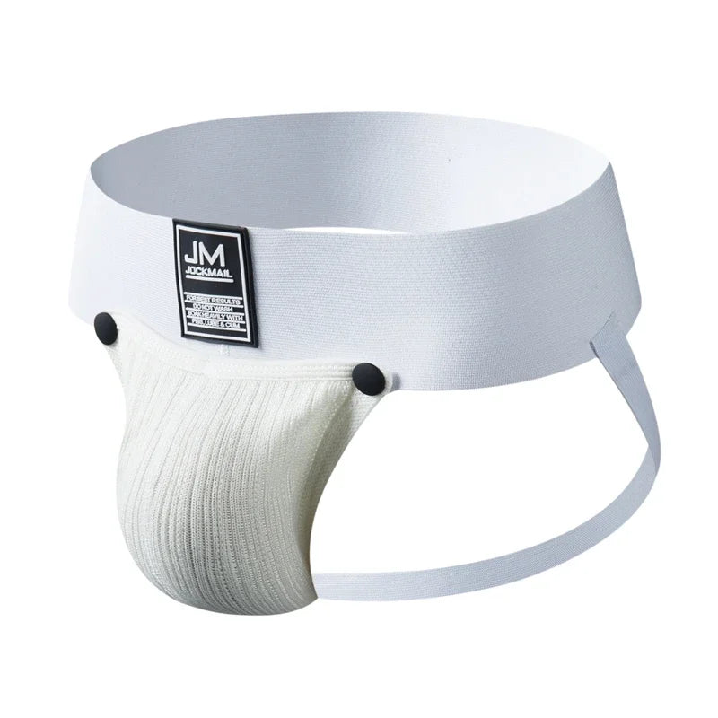 White ribbed jockstrap shown from the front and side on a white background