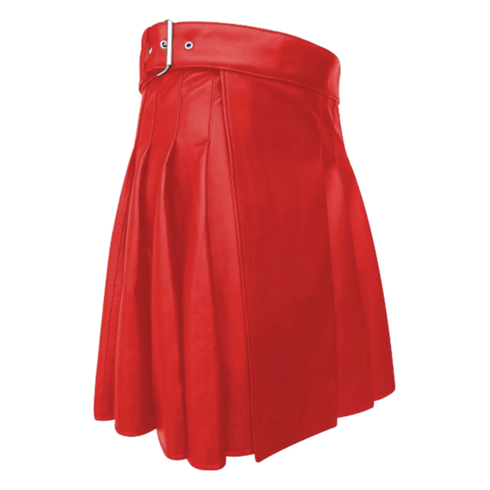 Front three-quarter view of a red pleated skirt with a wide belt and silver buckle