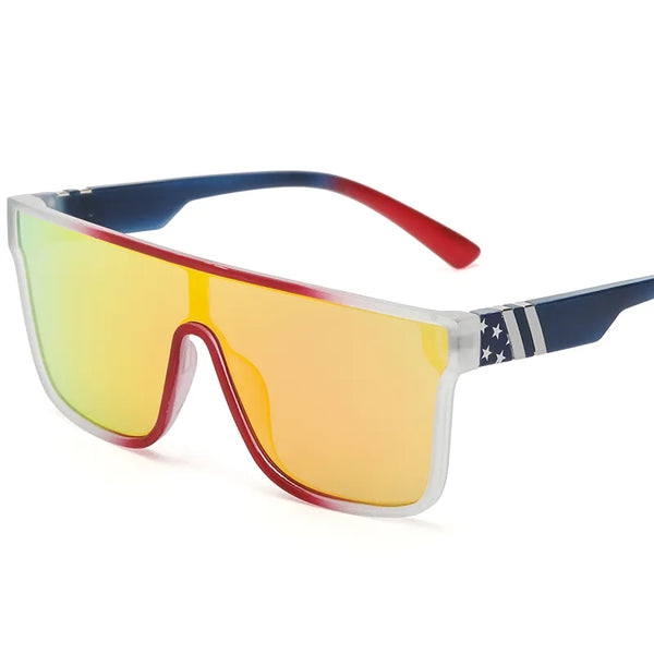 Oversized shield sunglasses with yellow reflective lens, red trim, and navy star-patterned arms