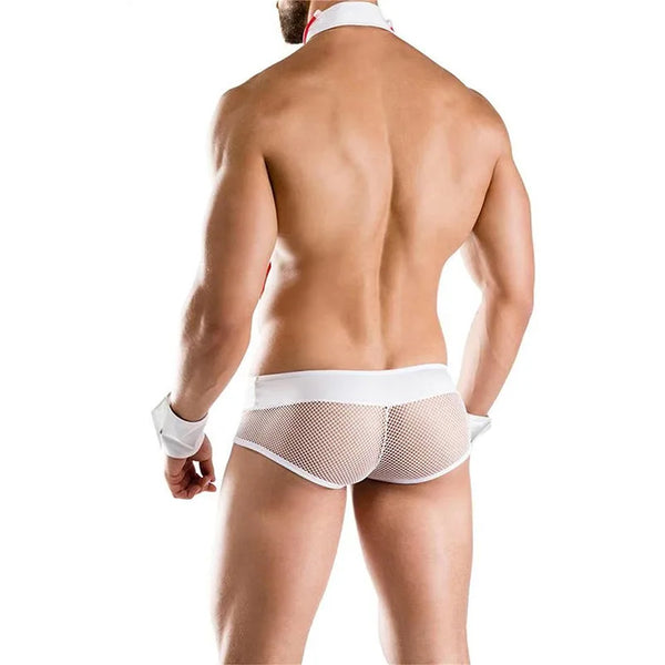 Rear view of a model wearing a white mesh doctor costume with matching wrist cuffs