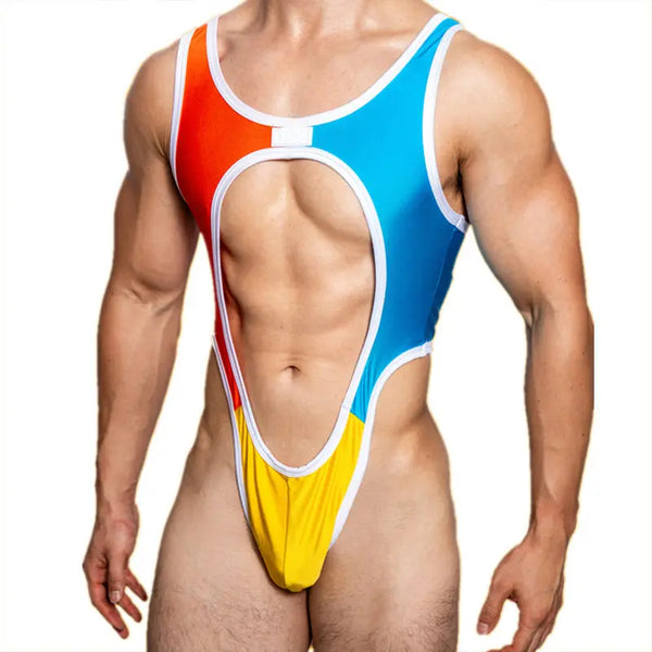 Cut-out bodysuit with red, blue, and yellow panels and white trim, modeled from the front