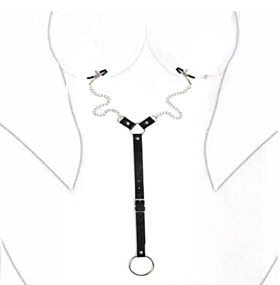 Black leather-look nipple clamps with chain and adjustable cock ring on a white torso