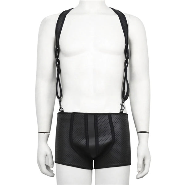 Black neoprene fetishwear suspenders with adjustable straps and metal clips, worn over mesh shorts