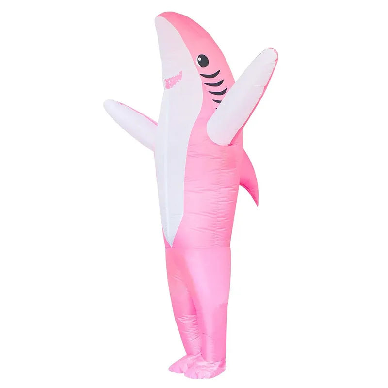 Pink inflatable left shark costume with white belly, fins, tail, and cartoon face