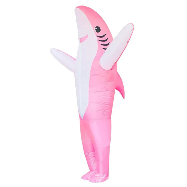 Pink inflatable left shark costume with white belly, fins, tail, and cartoon face