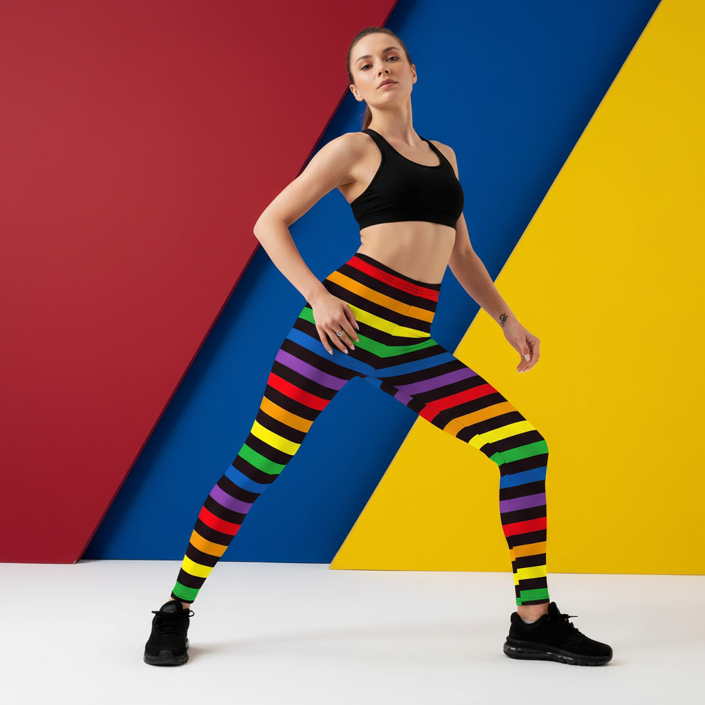 Model wearing black leggings with horizontal rainbow Pride stripes