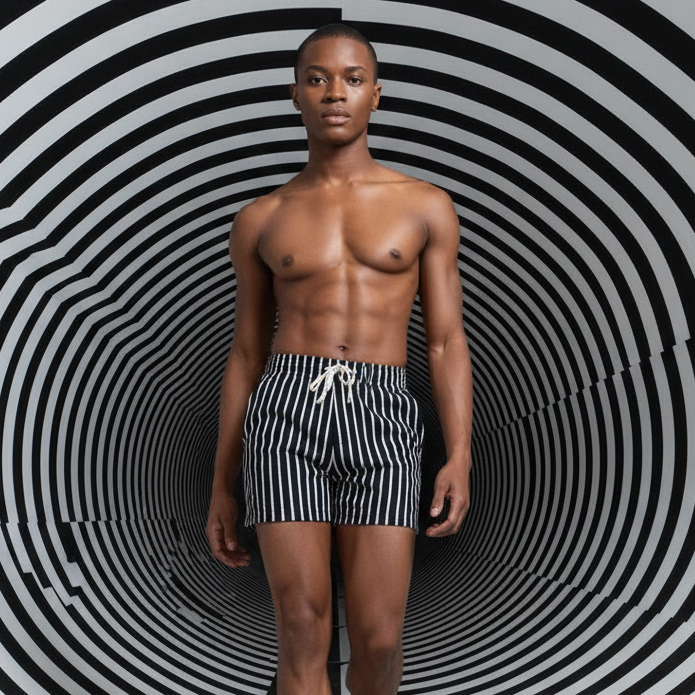 Front-facing model wearing black shorts with thin white vertical stripes and a drawstring