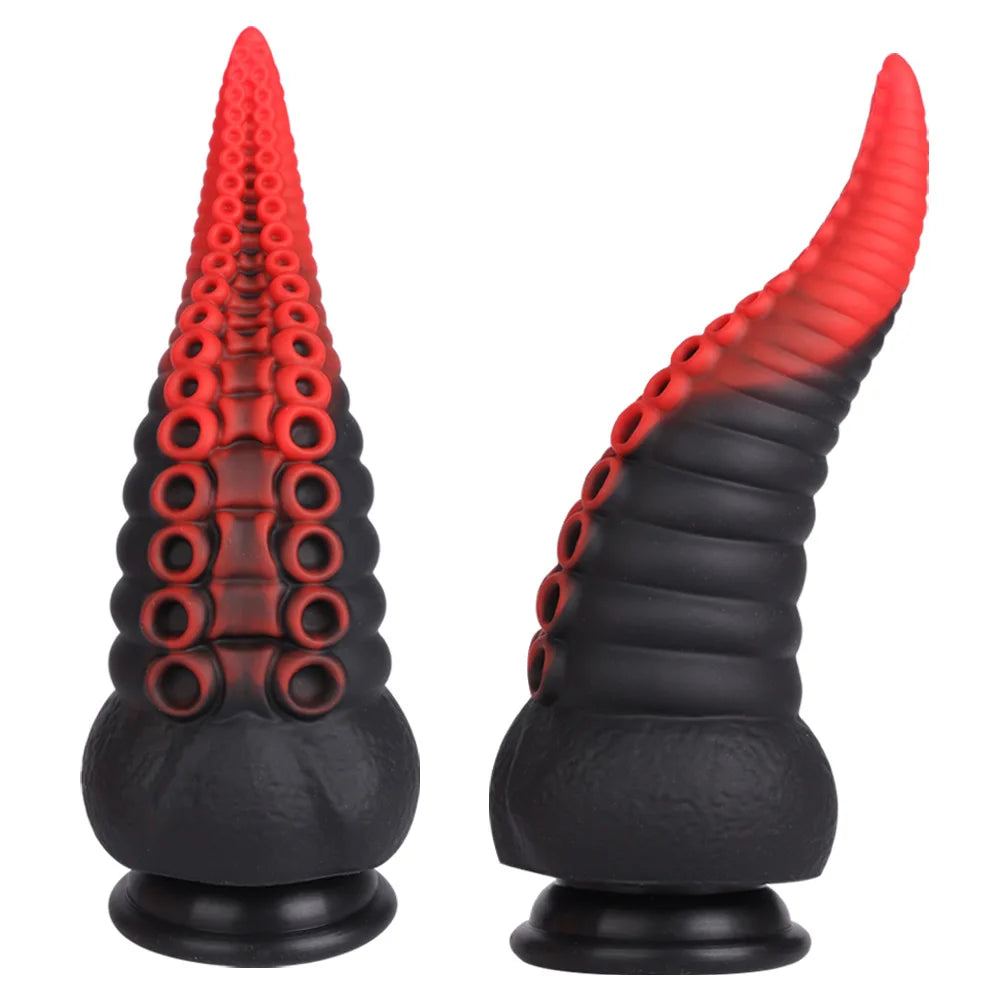 Front and side views of a black and red ridged tentacle dildo with a suction-cup base