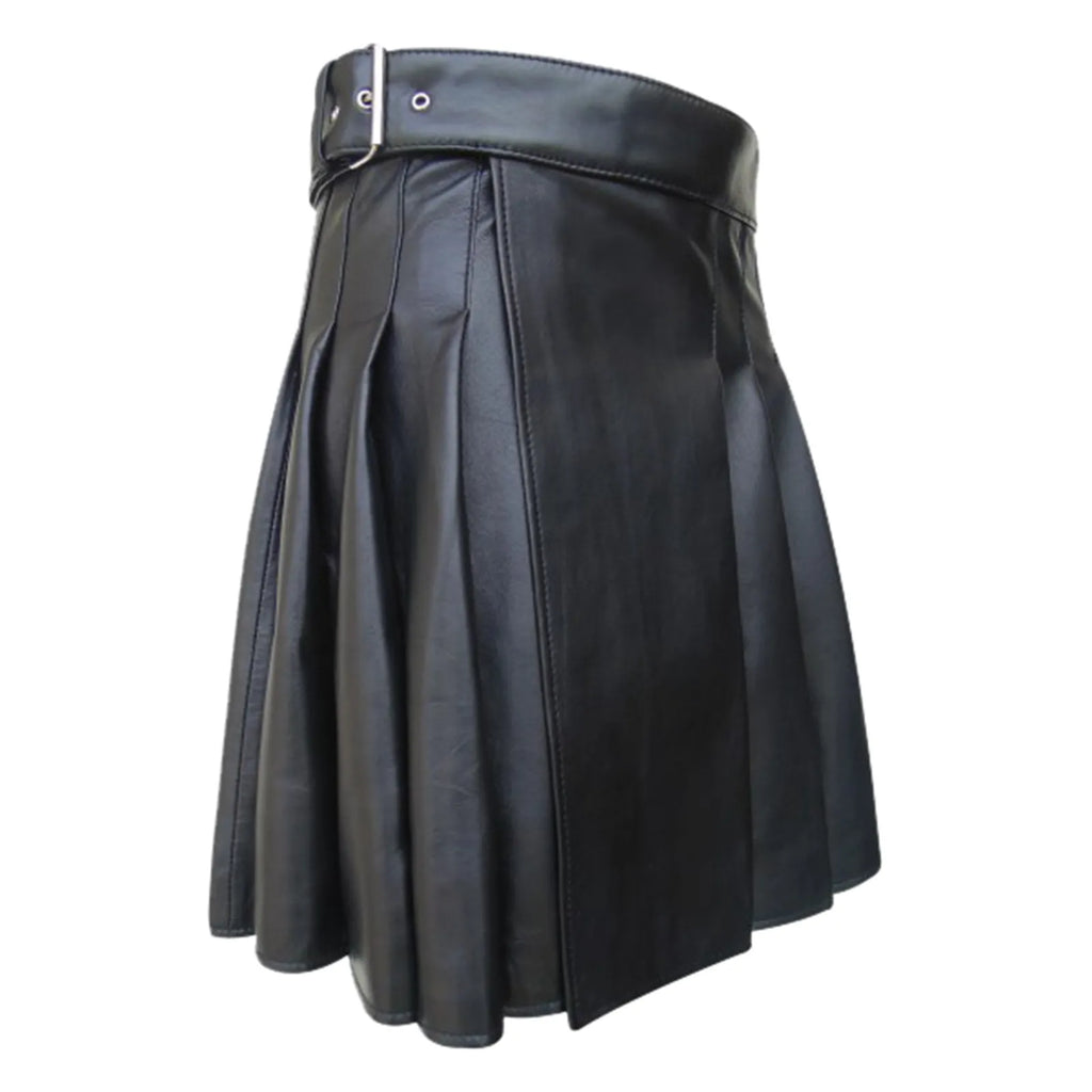 Front three-quarter view of a black faux-leather pleated skirt with a buckle waistband
