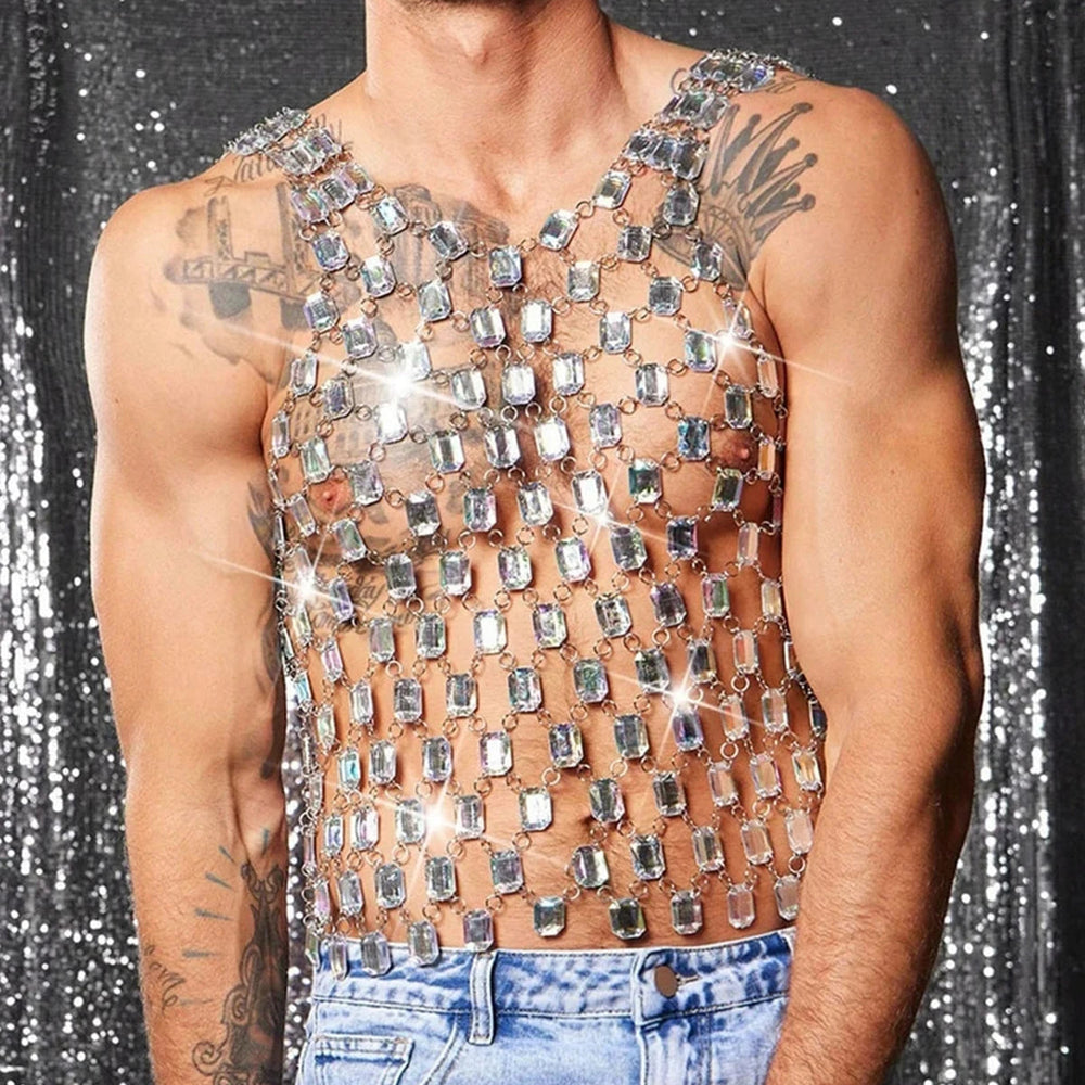 Front view of a person wearing a sparkling rhinestone chain mesh crop top
