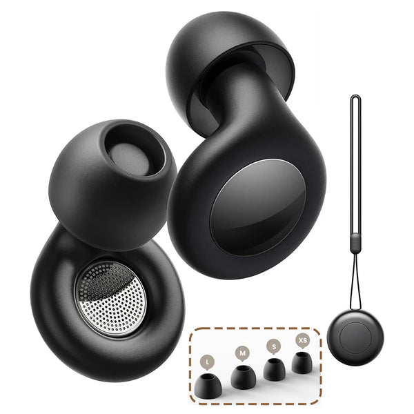 Black earplugs shown from multiple angles with perforated filter, corded case, and four ear-tip sizes