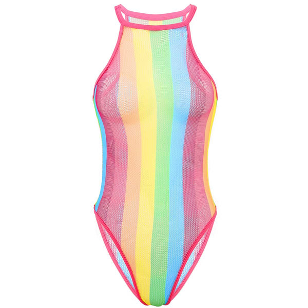 Front-facing pink-trimmed fishnet one-piece swimsuit with vertical rainbow stripes