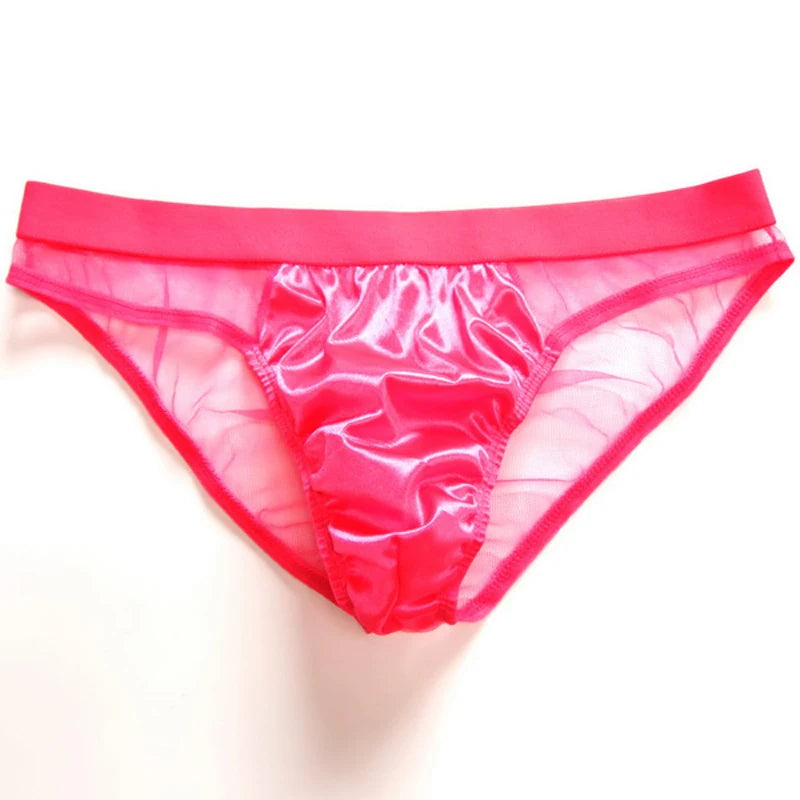 Front view of bright pink men's briefs with a shiny satin pouch and sheer mesh sides