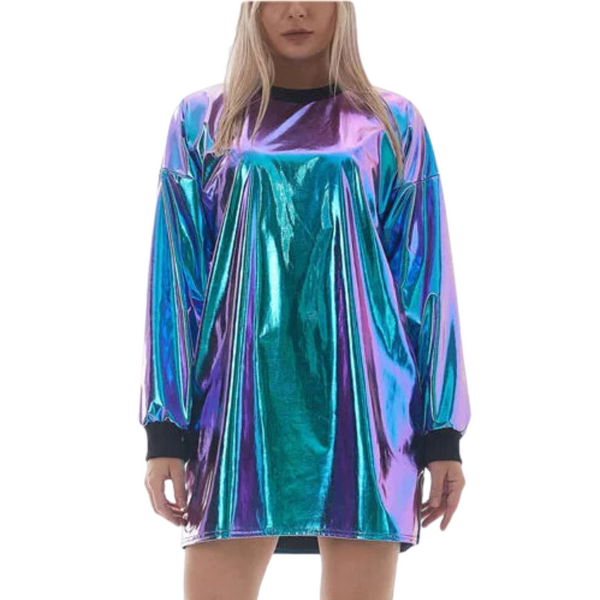 Front view of a model wearing a loose iridescent metallic mini dress with long sleeves