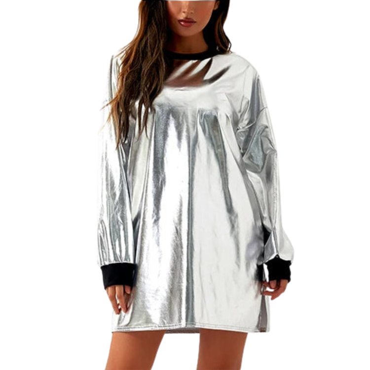 Front view of a model wearing a shiny silver long-sleeve mini dress with black cuffs