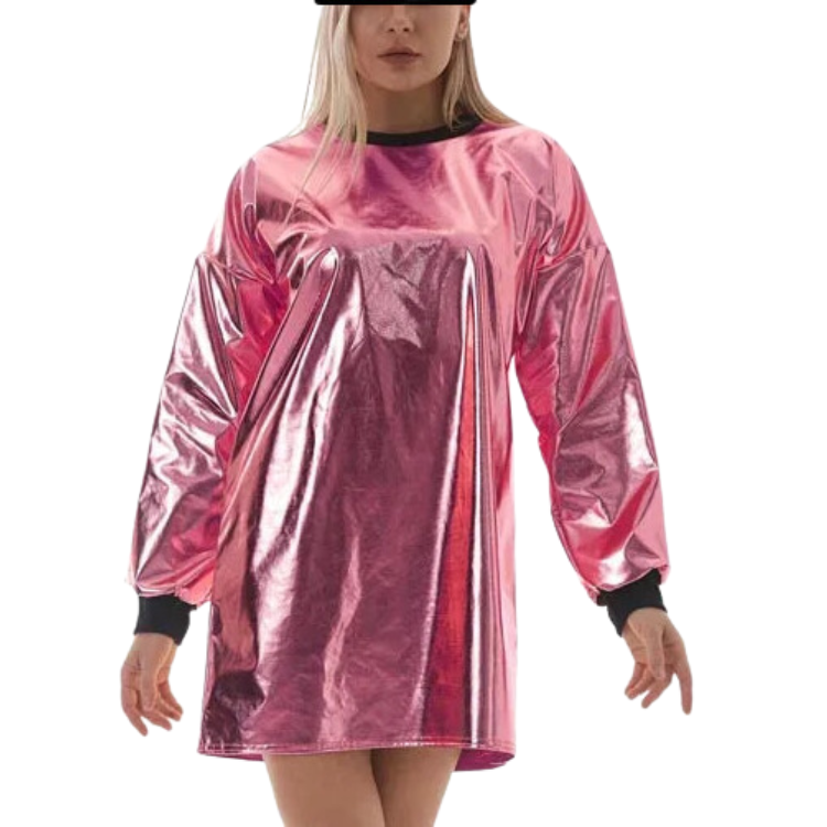 Front view of a model wearing a shiny metallic pink long-sleeve mini dress