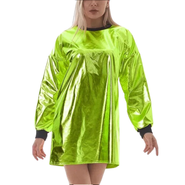 Front view of a model wearing a lime-green metallic wet-look mini dress with long sleeves