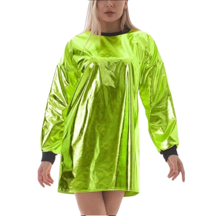 Front view of a model wearing a lime-green metallic wet-look mini dress with long sleeves