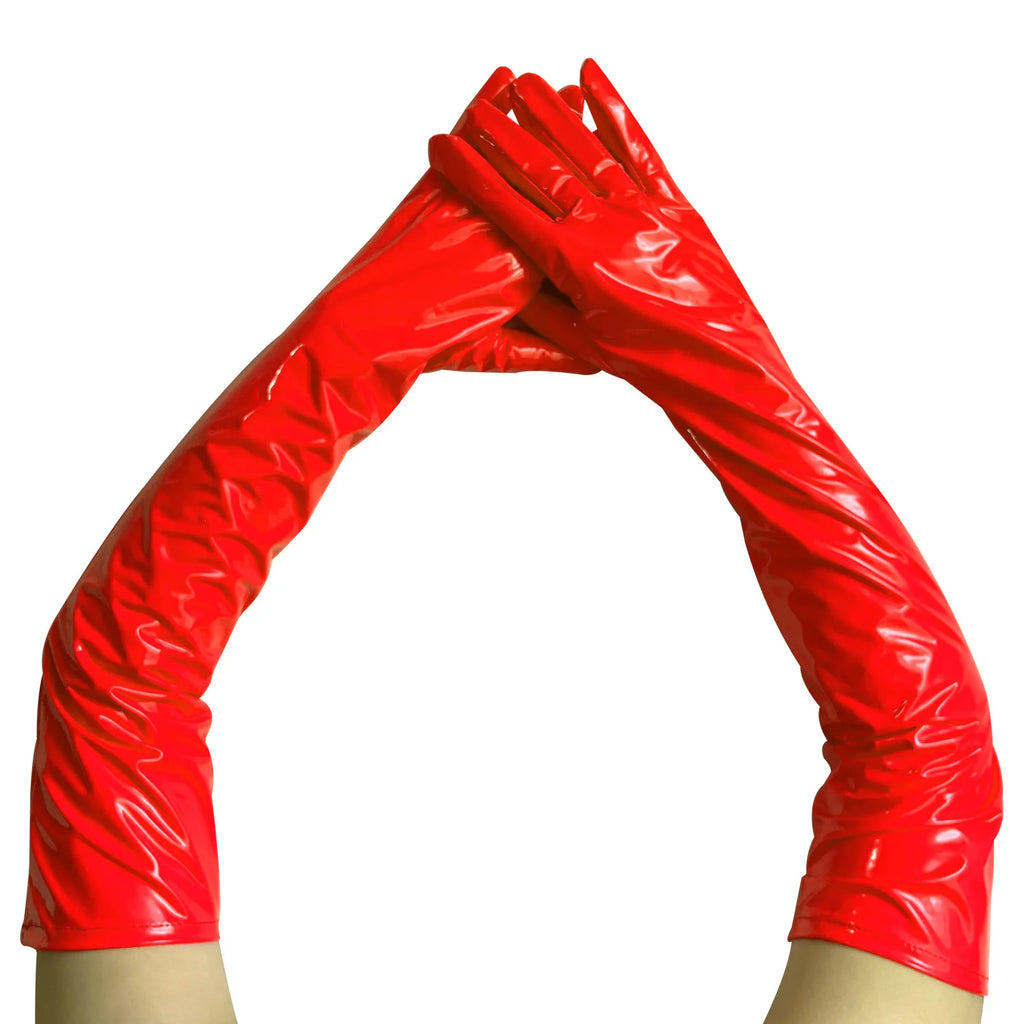 Pair of glossy red opera gloves worn on arms and crossed at the hands