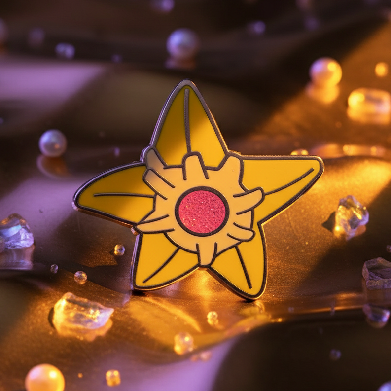 Yellow star enamel pin with a pink glitter center on a glowing purple and gold surface
