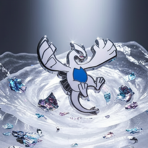 Close-up of a Lugia enamel pin with a blue chest, displayed on shimmering fabric