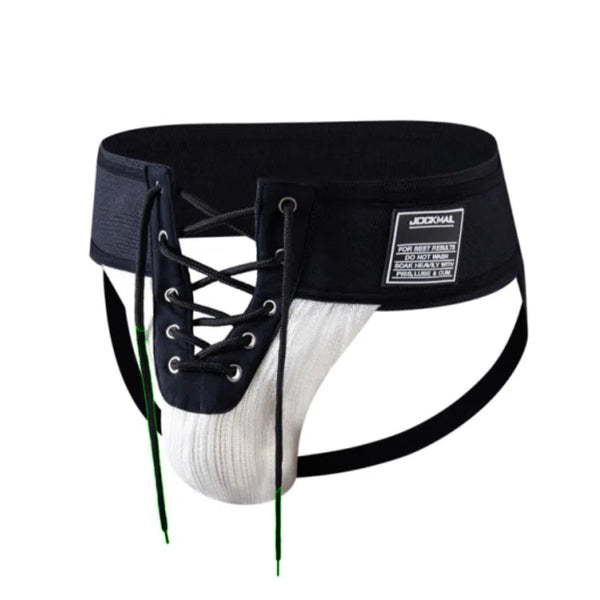 Black and white lacing jockstrap with a wide waistband and dangling drawstrings