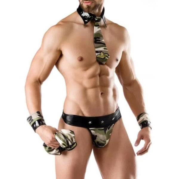 Model wearing a camouflage costume with black star waistband, tie, collar, wrist cuffs and pouch