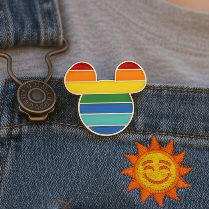 LGBT mouse pride enamel pin with rainbow stripes on denim beside a sun patch