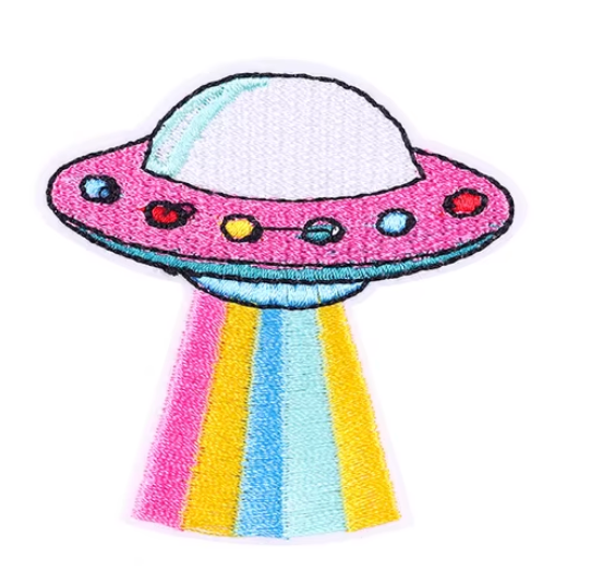 Embroidered UFO Pride iron-on patch with pink, yellow, and blue rainbow beam