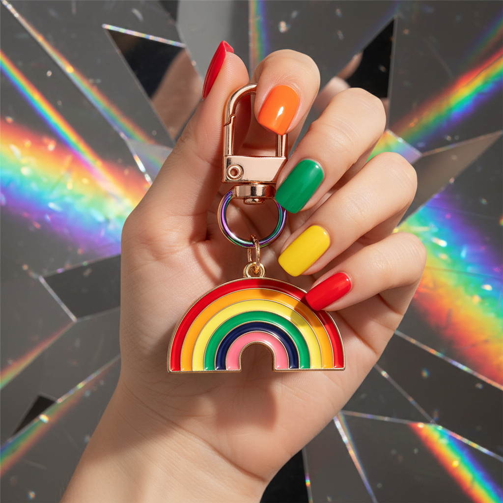 Close-up of a hand holding a rainbow enamel metal keychain with a lobster clasp