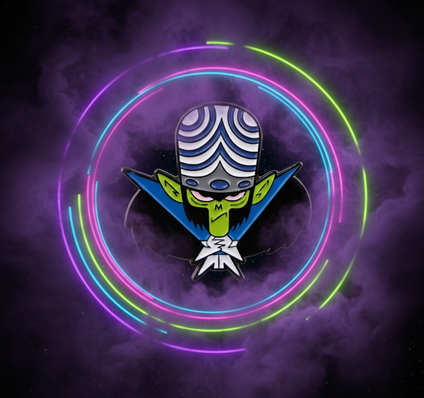 Close-up of a Mojo Jojo enamel pin with a blue cape, striped helmet, and neon green face