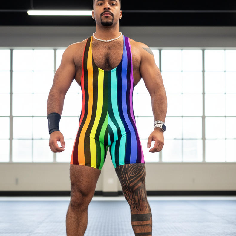 Sculpt & Striped Compression Wrestling Singlet in bold rainbow stripes on a confident, muscular person; wristband, necklace