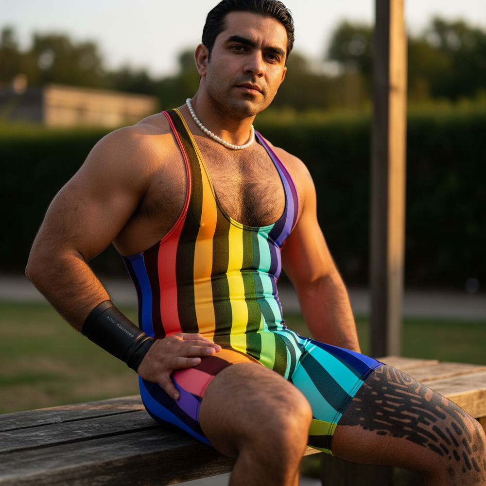Seated model wearing a rainbow-striped compression wrestling singlet outdoors