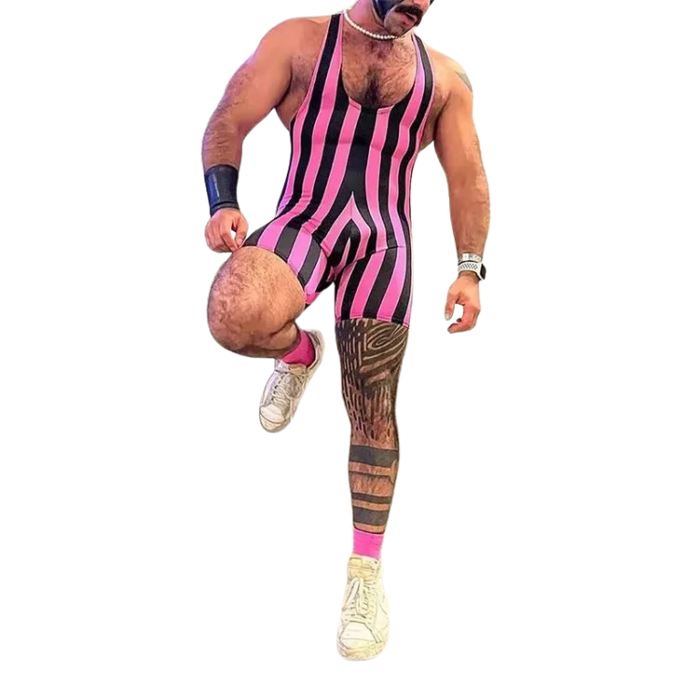 Front view of a person wearing a black-and-pink striped wrestling singlet