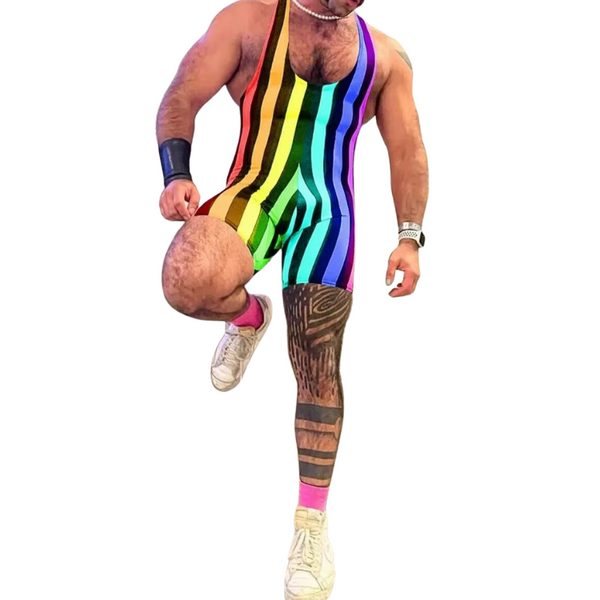 Front-facing model in a rainbow-striped wrestling singlet, white sneakers, and pink socks